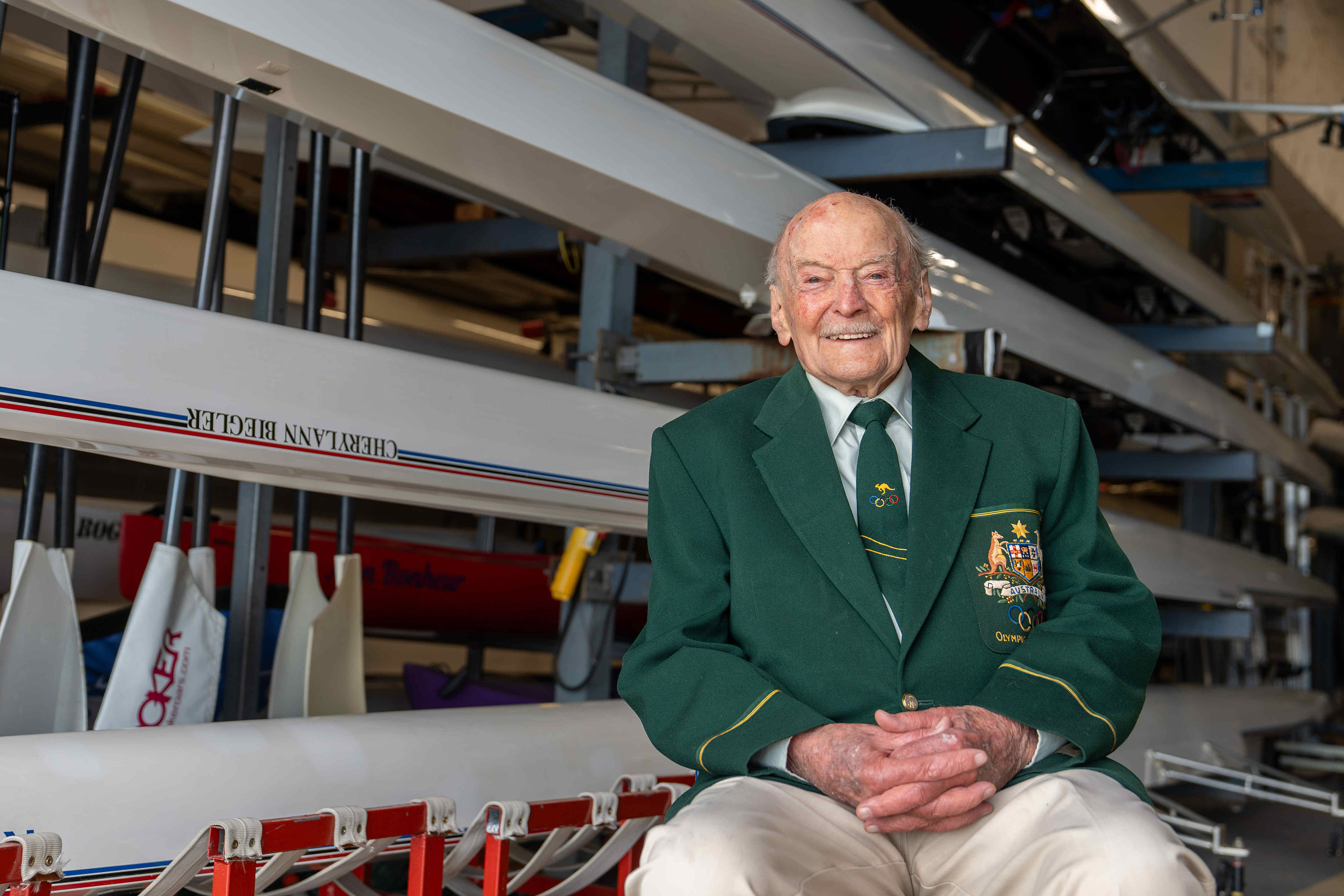 John Flynn resident Bob Duncan sitting inside Albert Park Rowing Club, where his Olympic journey began-1